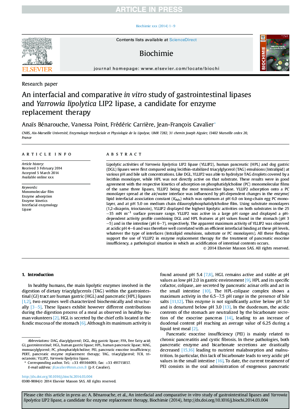 An interfacial and comparative inÂ vitro study of gastrointestinal lipases and Yarrowia lipolytica LIP2 lipase, a candidate for enzyme replacement therapy