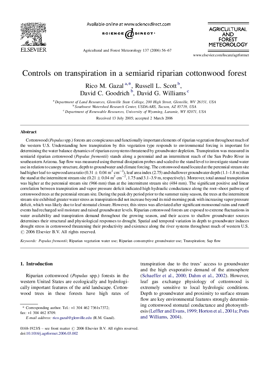 Controls on transpiration in a semiarid riparian cottonwood forest