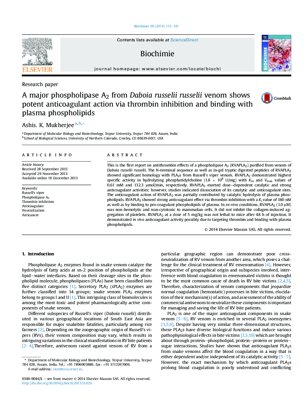 A major phospholipase A2 from Daboia russelii russelii venom shows potent anticoagulant action via thrombin inhibition and binding with plasma phospholipids