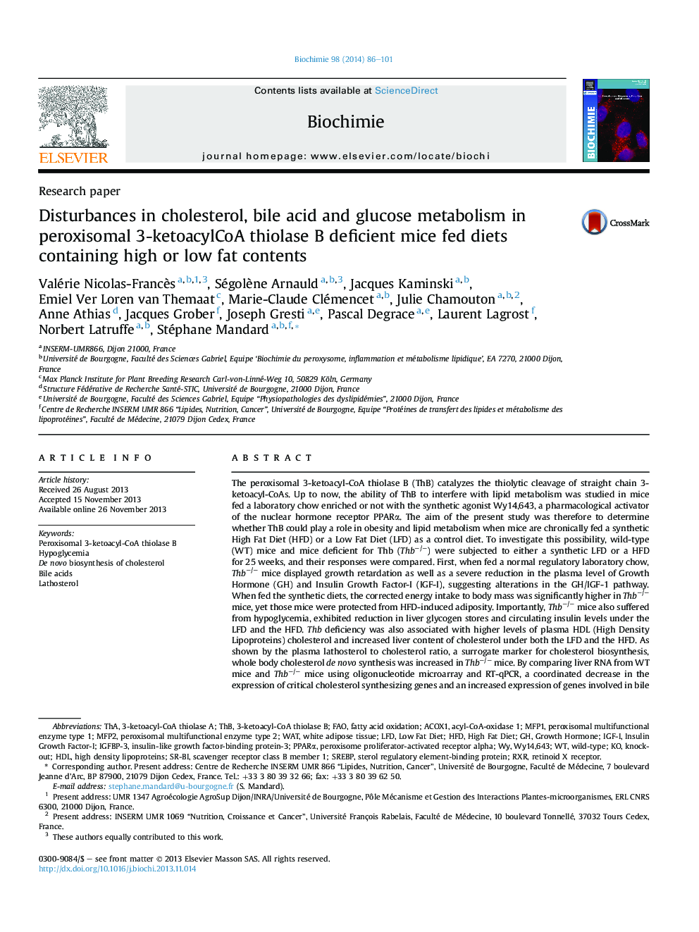 Disturbances in cholesterol, bile acid and glucose metabolism in peroxisomal 3-ketoacylCoA thiolase B deficient mice fed diets containing high or low fat contents