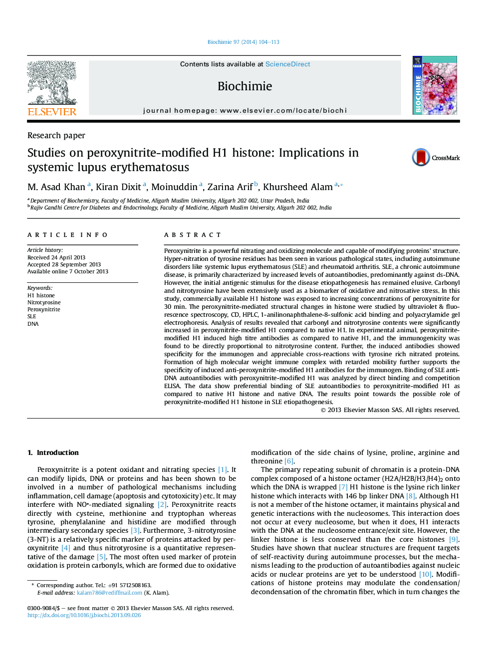 Studies on peroxynitrite-modified H1 histone: Implications in systemic lupus erythematosus