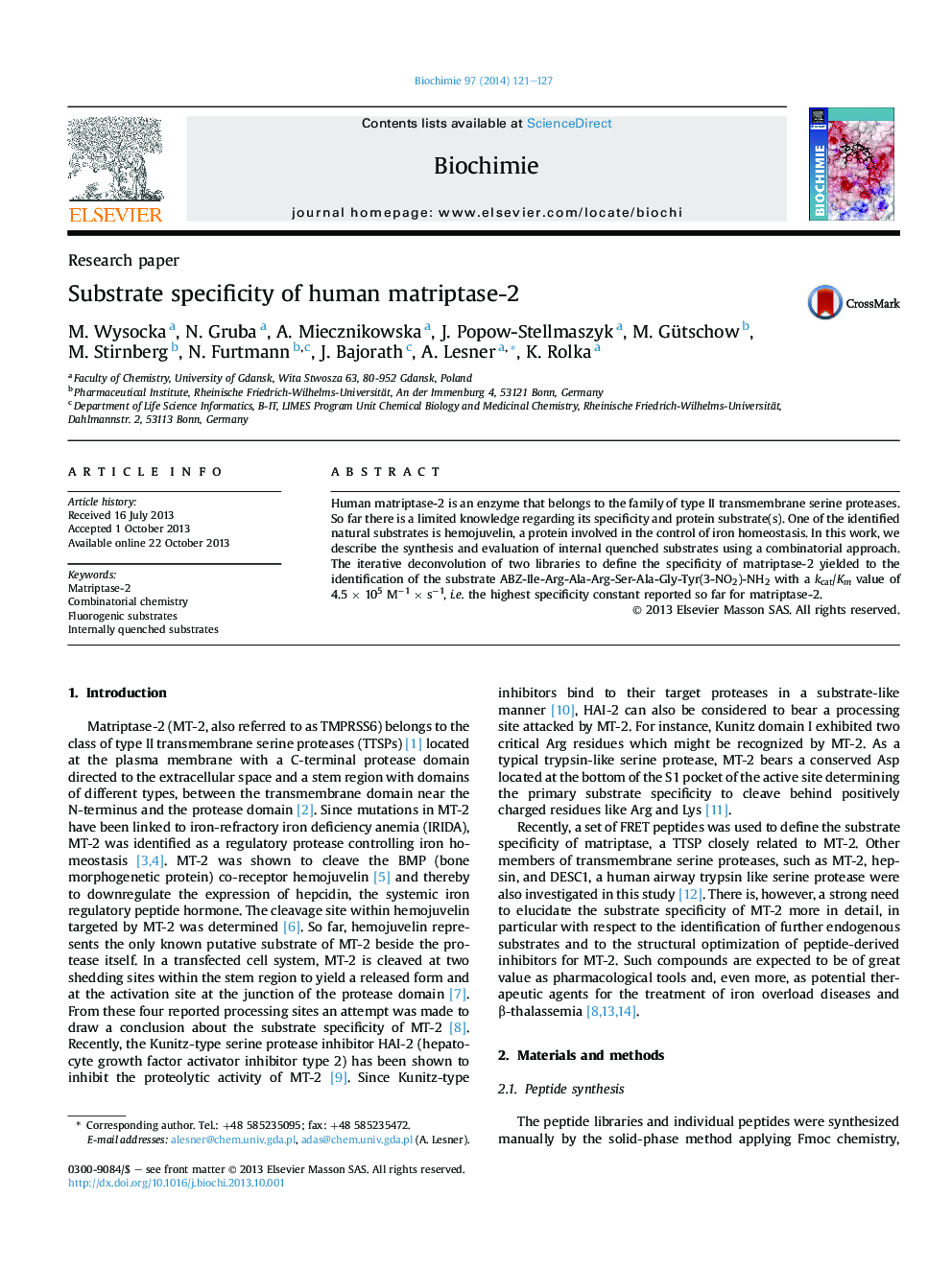 Substrate specificity of human matriptase-2