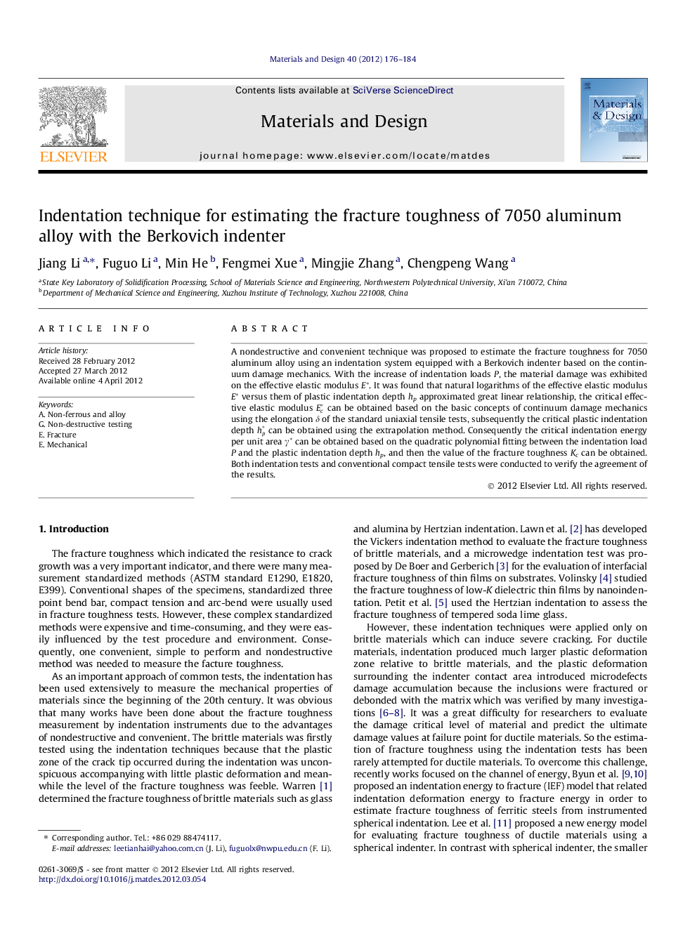 Indentation technique for estimating the fracture toughness of 7050 aluminum alloy with the Berkovich indenter