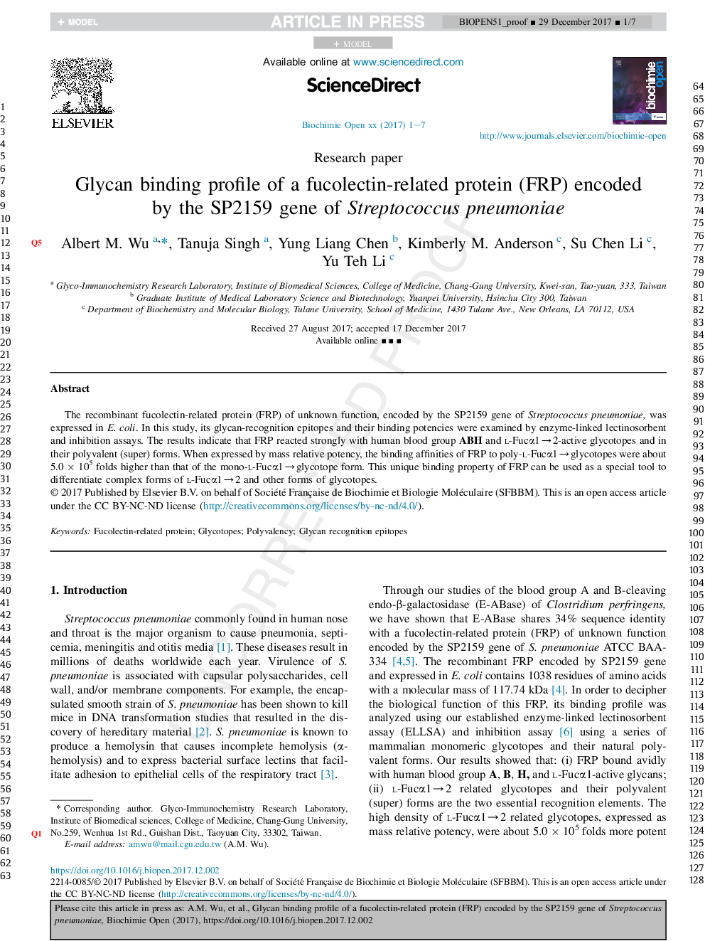 Glycan binding profile of a fucolectin-related protein (FRP) encoded by the SP2159 gene of Streptococcus pneumoniae