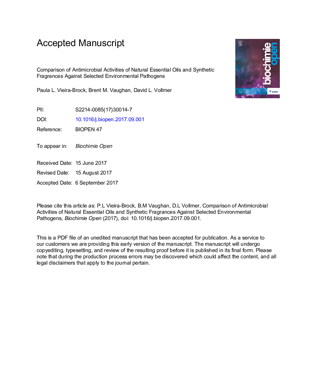 Comparison of antimicrobial activities of natural essential oils and synthetic fragrances against selected environmental pathogens