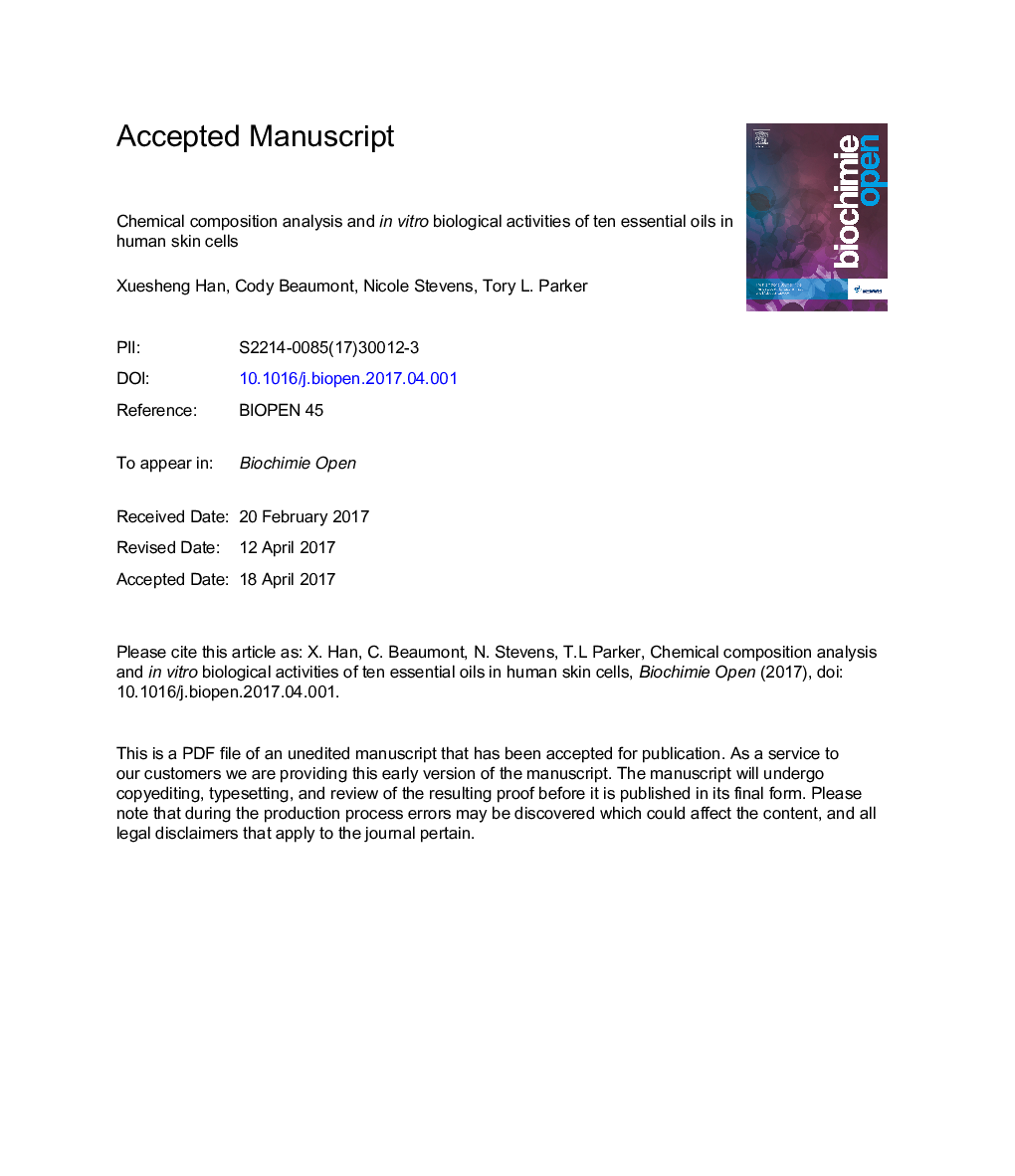 Chemical composition analysis and inÂ vitro biological activities of ten essential oils in human skin cells