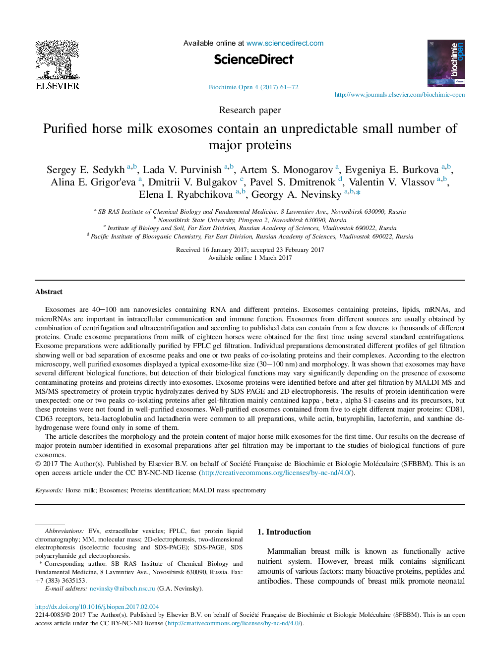 Purified horse milk exosomes contain an unpredictable small number of major proteins