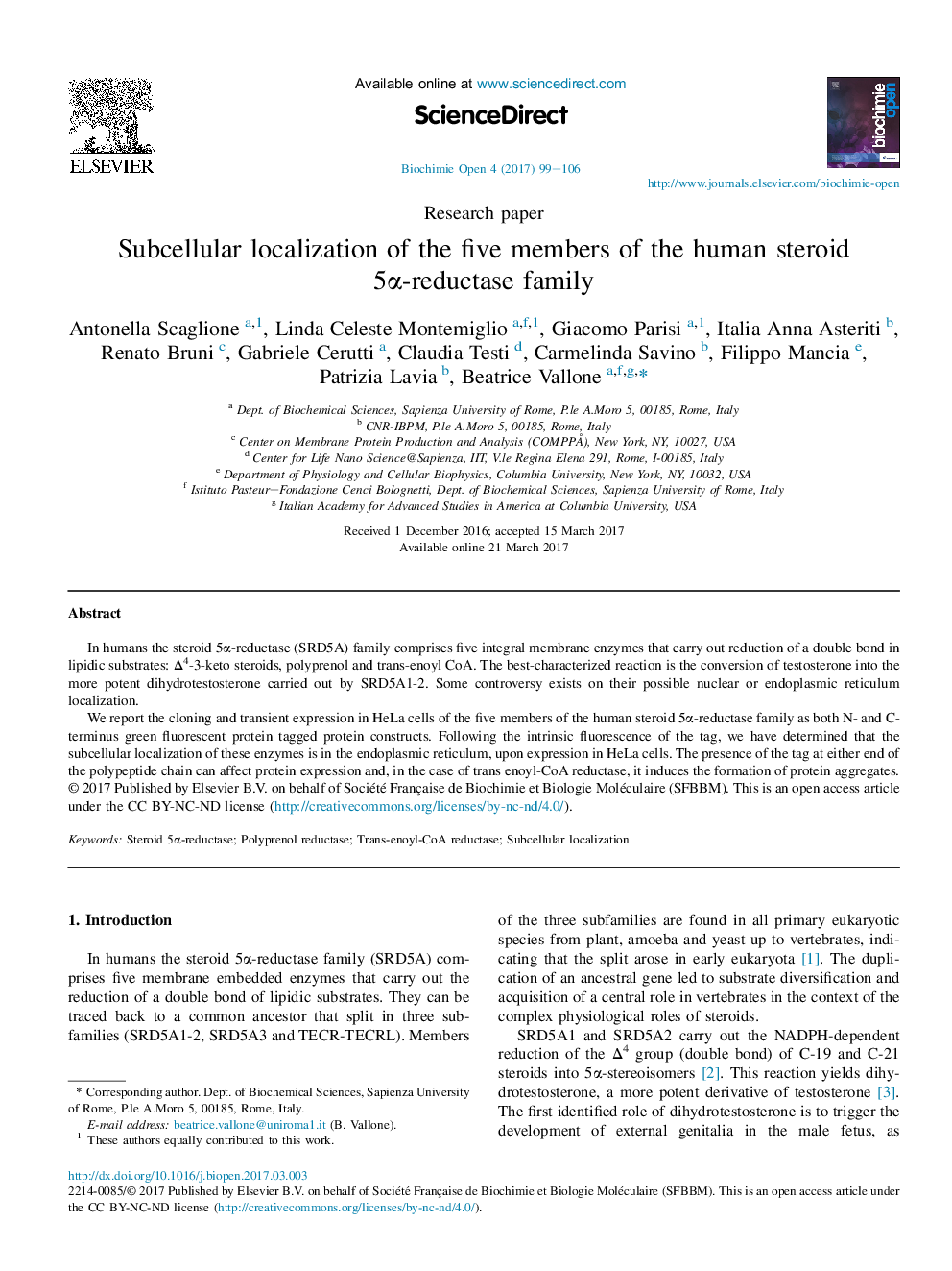 Subcellular localization of the five members of the human steroid 5Î±-reductase family