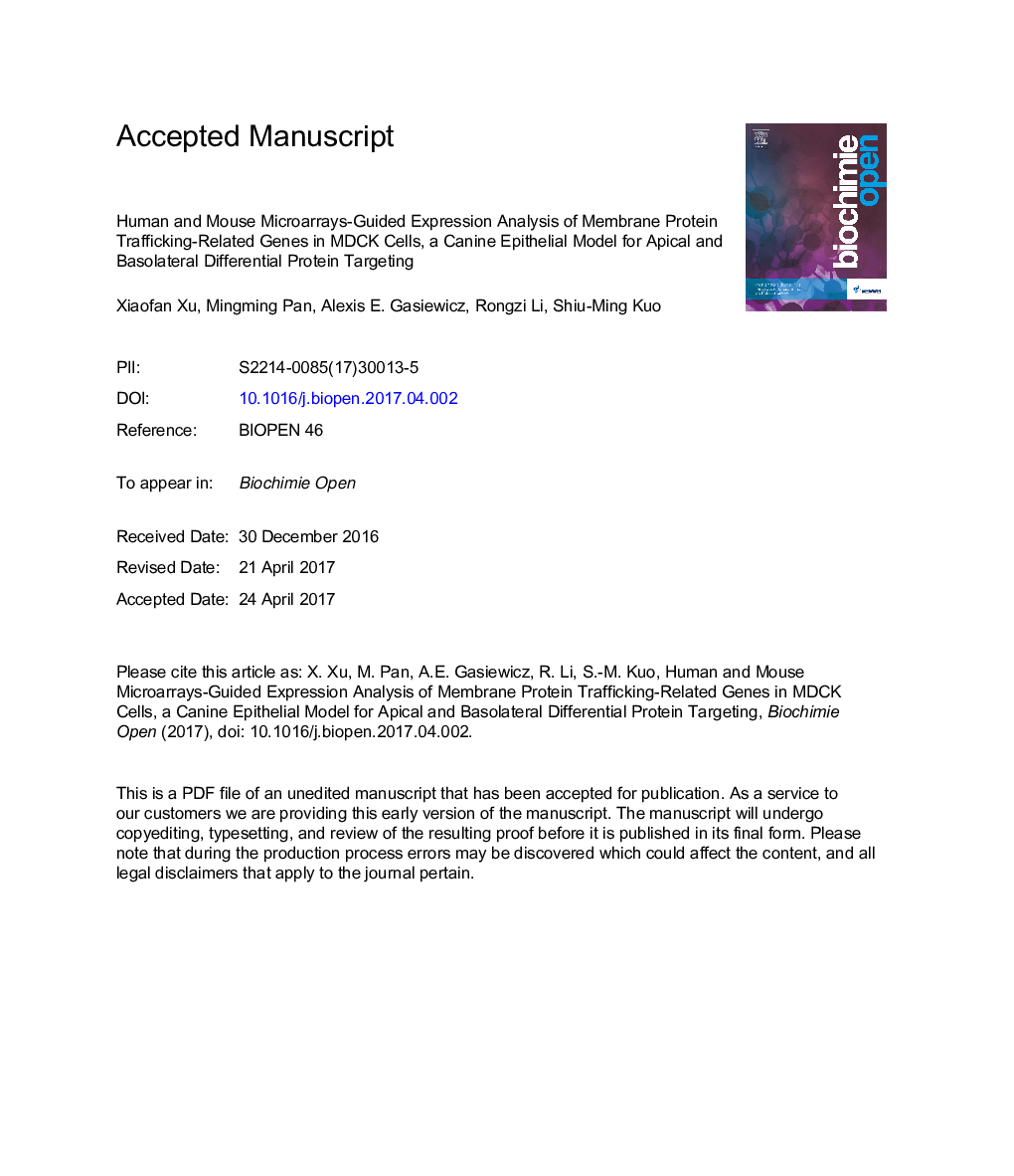 Human and mouse microarrays-guided expression analysis of membrane protein trafficking-related genes in MDCK cells, a canine epithelial model for apical and basolateral differential protein targeting