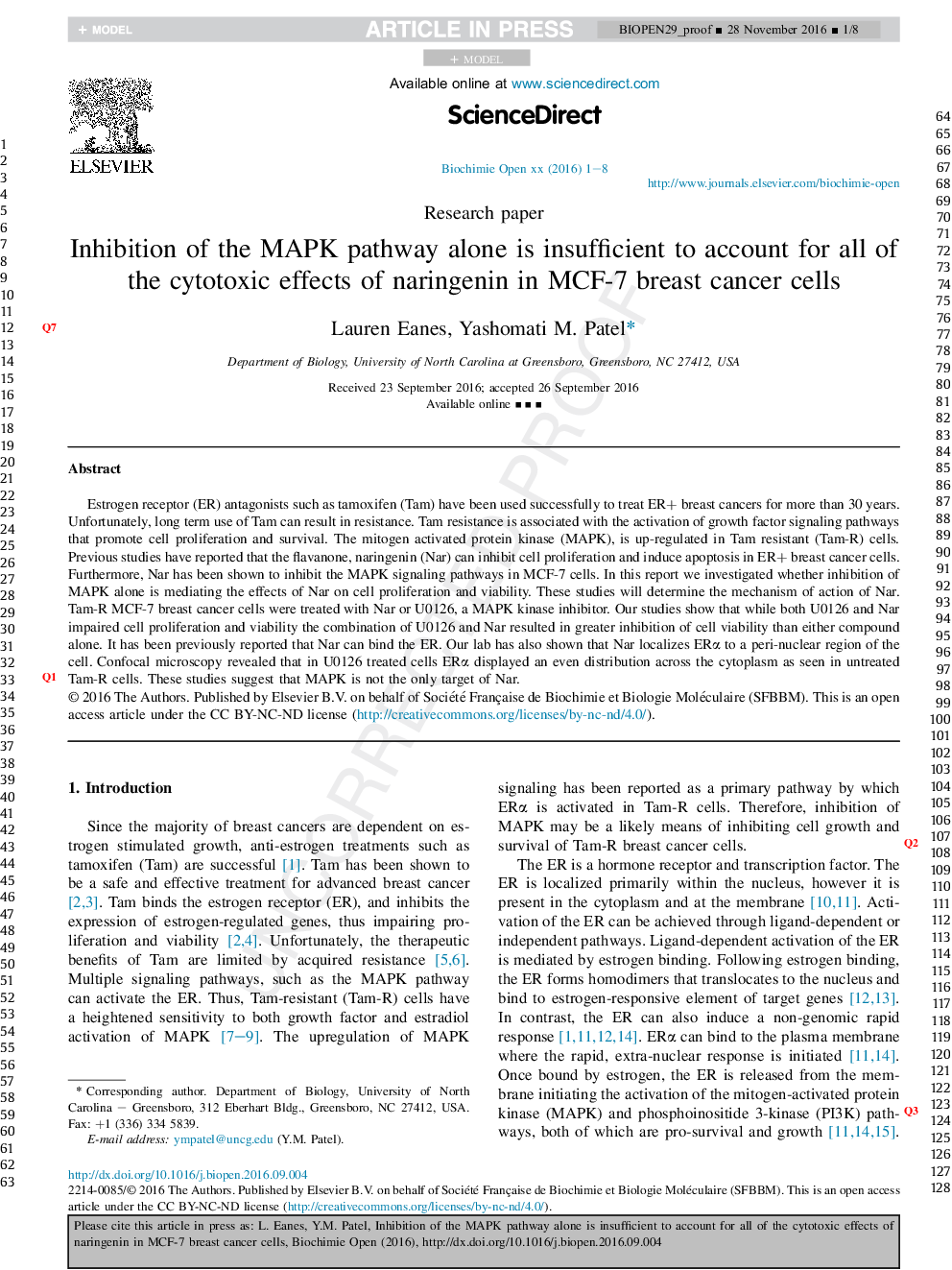 Inhibition of the MAPK pathway alone is insufficient to account for all of the cytotoxic effects of naringenin in MCF-7 breast cancer cells