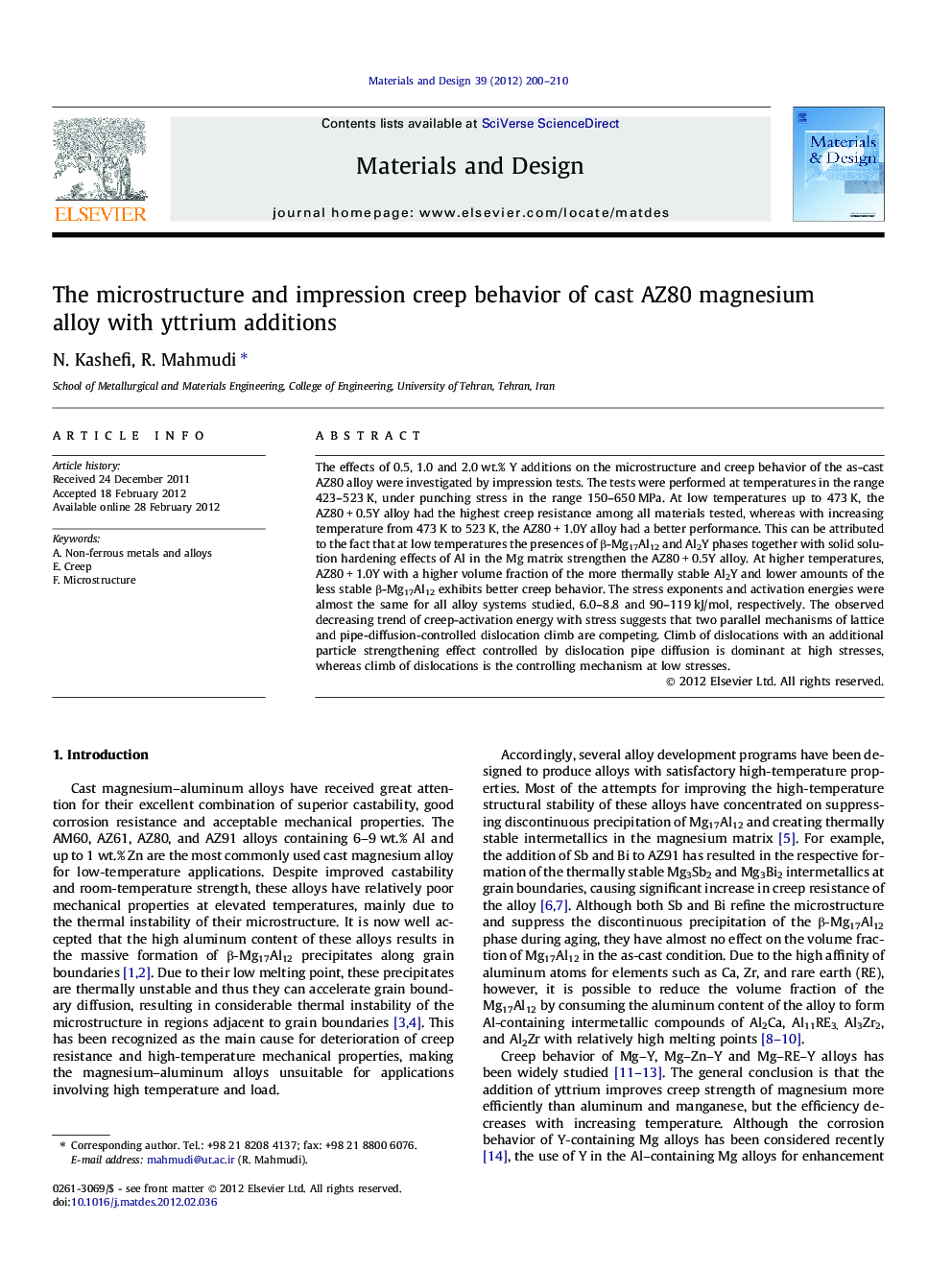 The microstructure and impression creep behavior of cast AZ80 magnesium alloy with yttrium additions