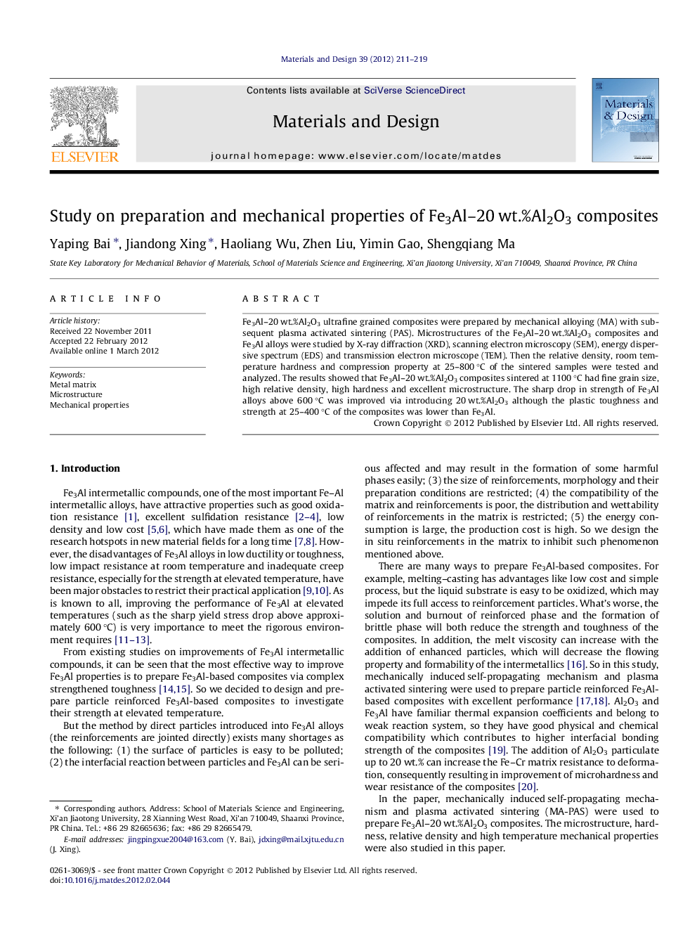 Study on preparation and mechanical properties of Fe3Al–20 wt.%Al2O3 composites