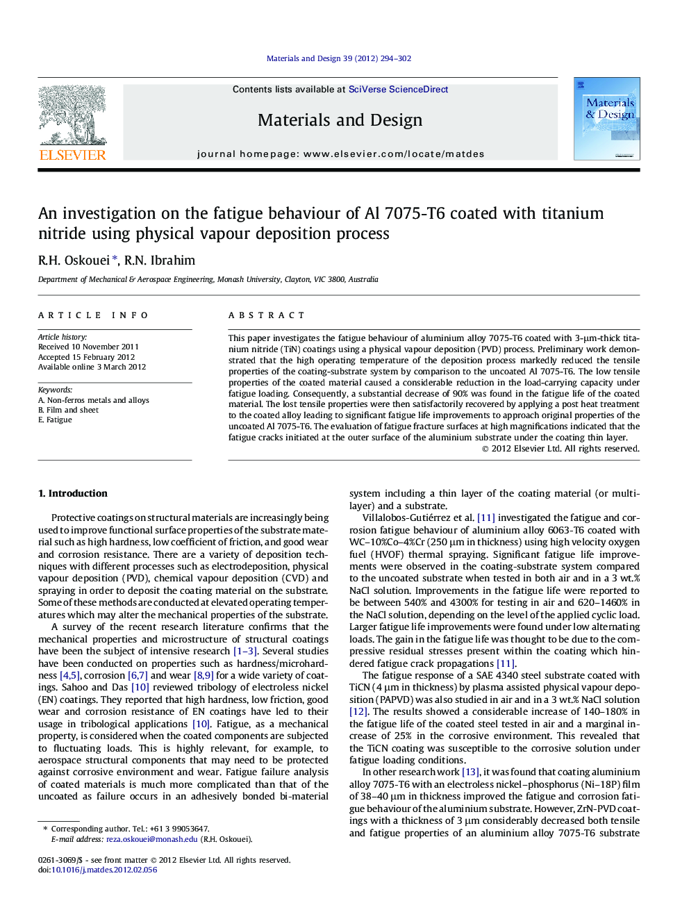 An investigation on the fatigue behaviour of Al 7075-T6 coated with titanium nitride using physical vapour deposition process