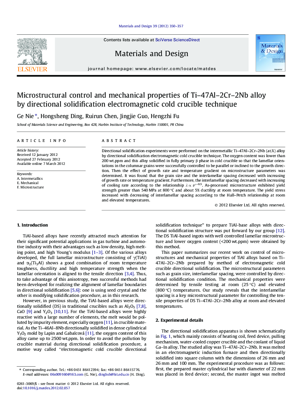 Microstructural control and mechanical properties of Ti–47Al–2Cr–2Nb alloy by directional solidification electromagnetic cold crucible technique