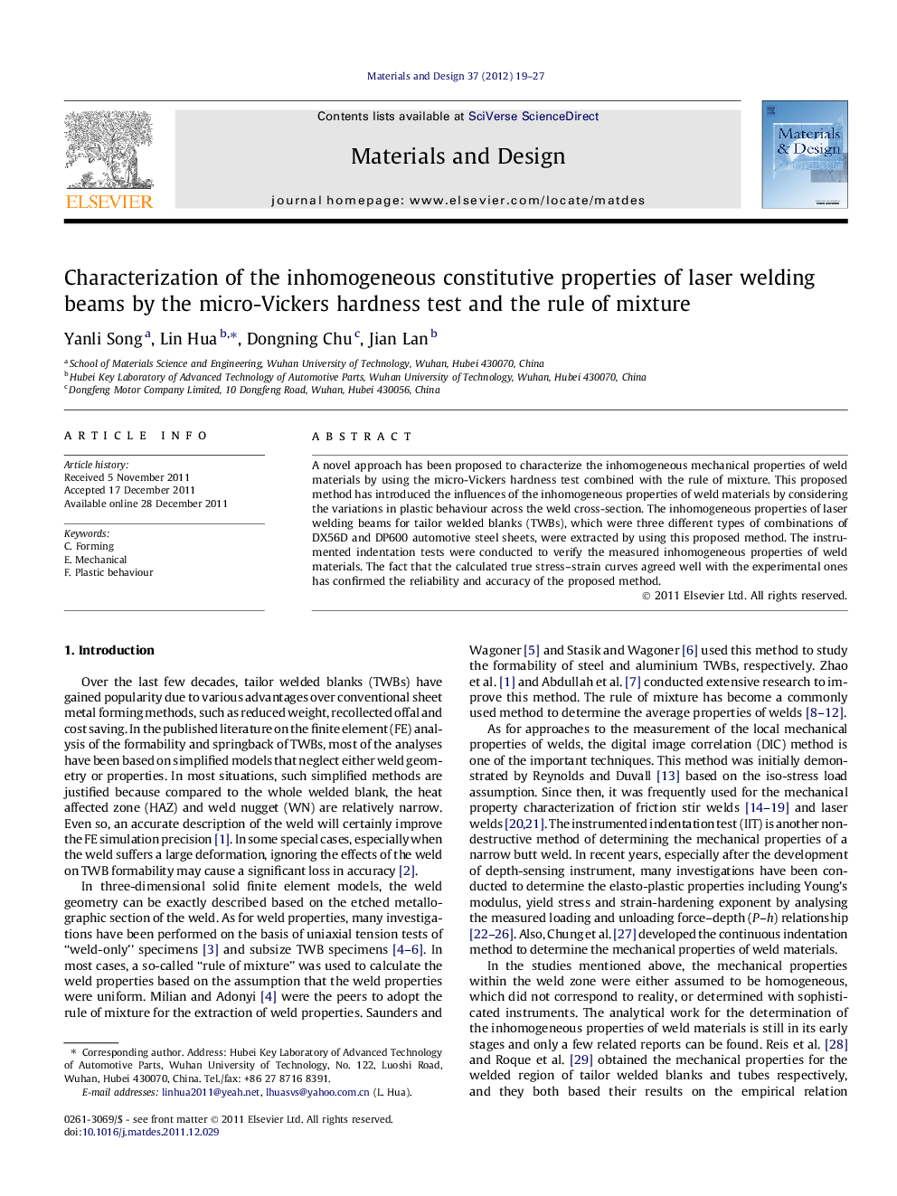 Characterization of the inhomogeneous constitutive properties of laser welding beams by the micro-Vickers hardness test and the rule of mixture