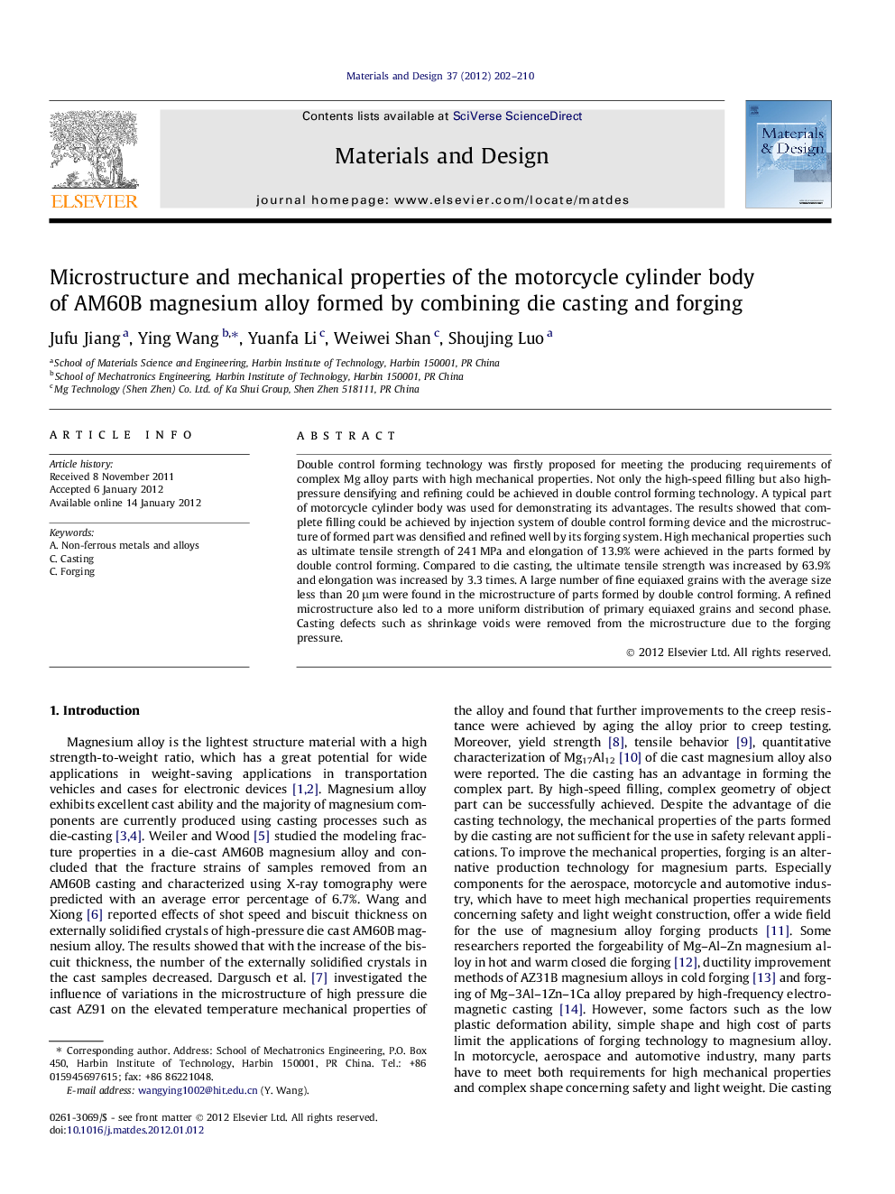 Microstructure and mechanical properties of the motorcycle cylinder body of AM60B magnesium alloy formed by combining die casting and forging