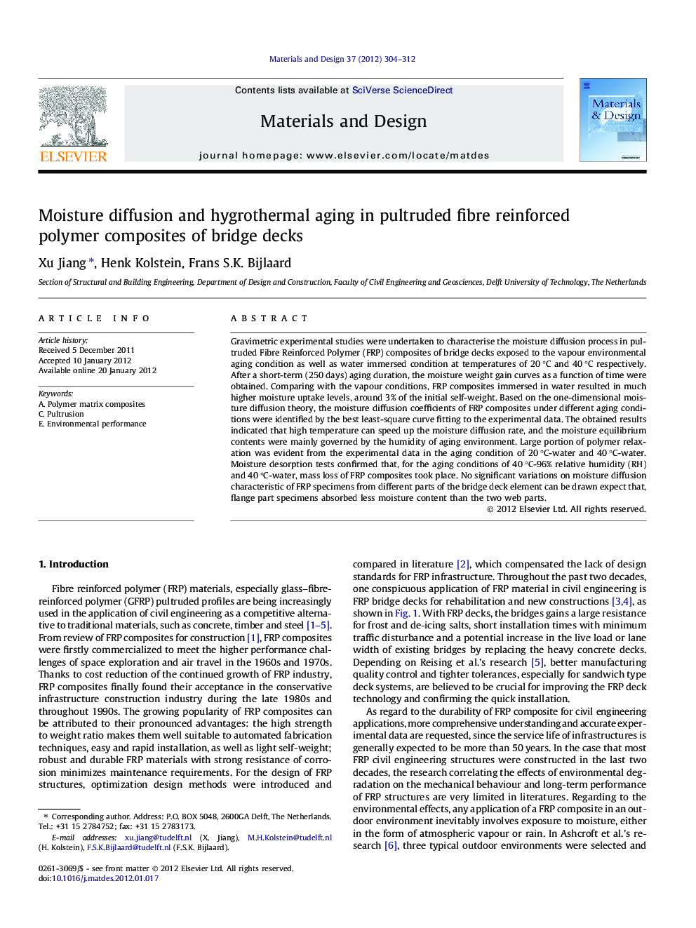 Moisture diffusion and hygrothermal aging in pultruded fibre reinforced polymer composites of bridge decks