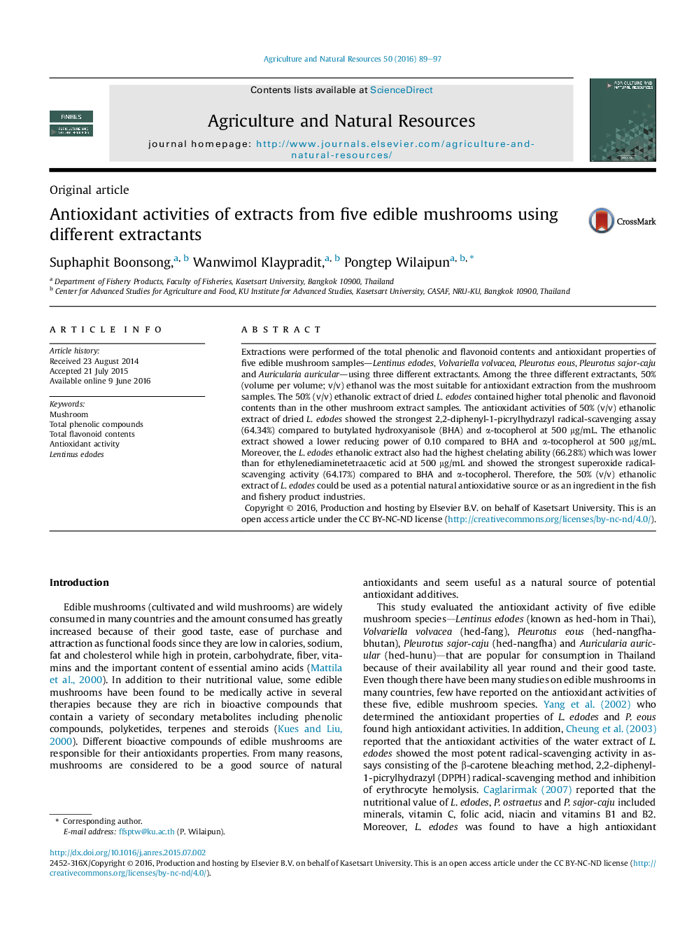 Antioxidant activities of extracts from five edible mushrooms using different extractants