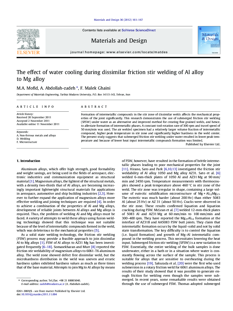 The effect of water cooling during dissimilar friction stir welding of Al alloy to Mg alloy
