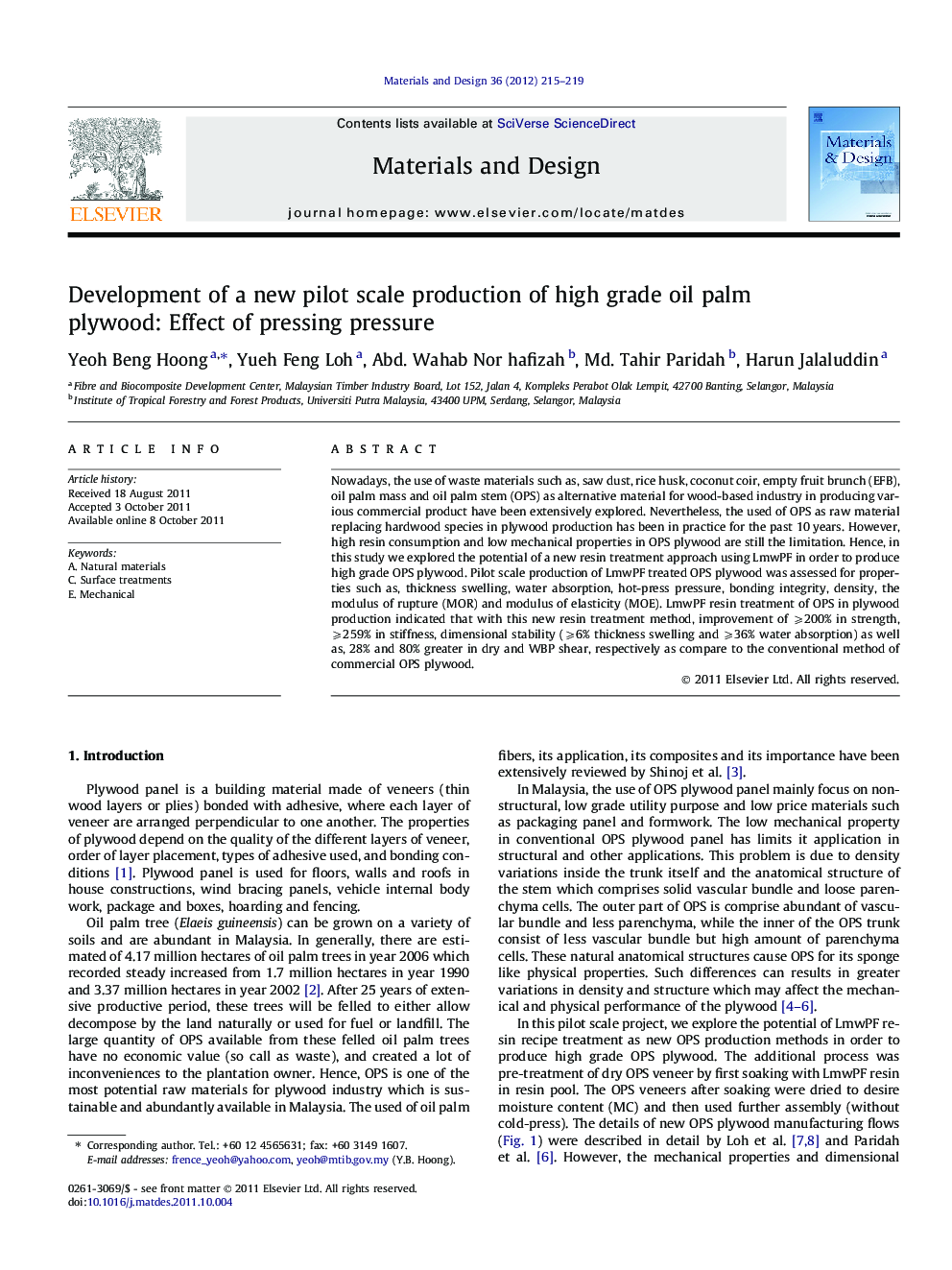 Development of a new pilot scale production of high grade oil palm plywood: Effect of pressing pressure