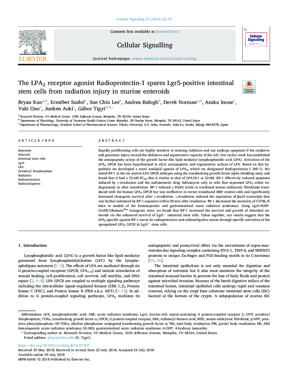 The LPA2 receptor agonist Radioprotectin-1 spares Lgr5-positive intestinal stem cells from radiation injury in murine enteroids