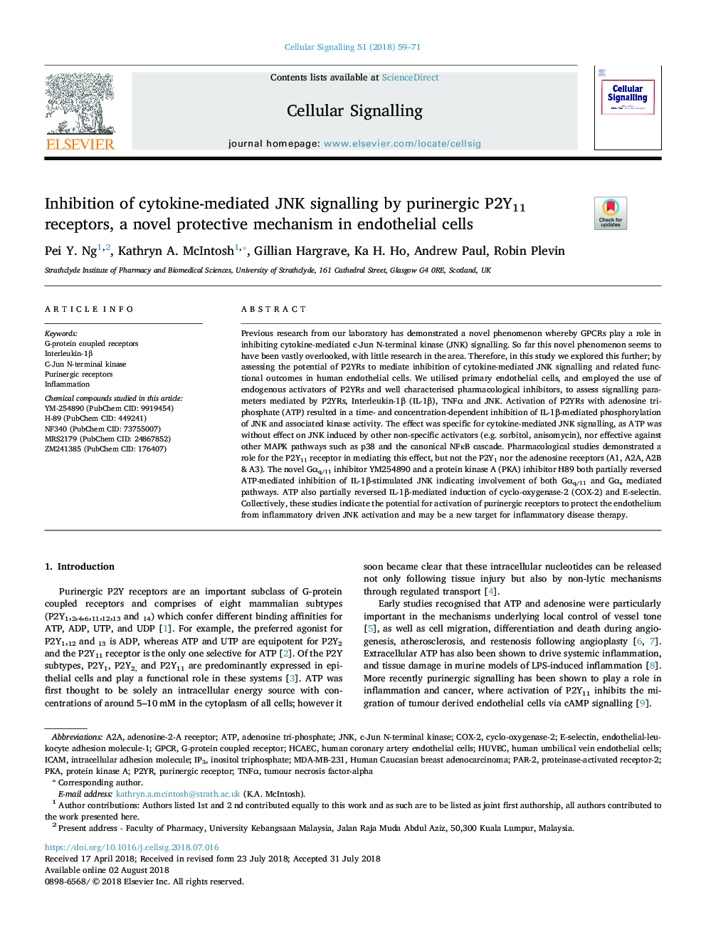 Inhibition of cytokine-mediated JNK signalling by purinergic P2Y11 receptors, a novel protective mechanism in endothelial cells