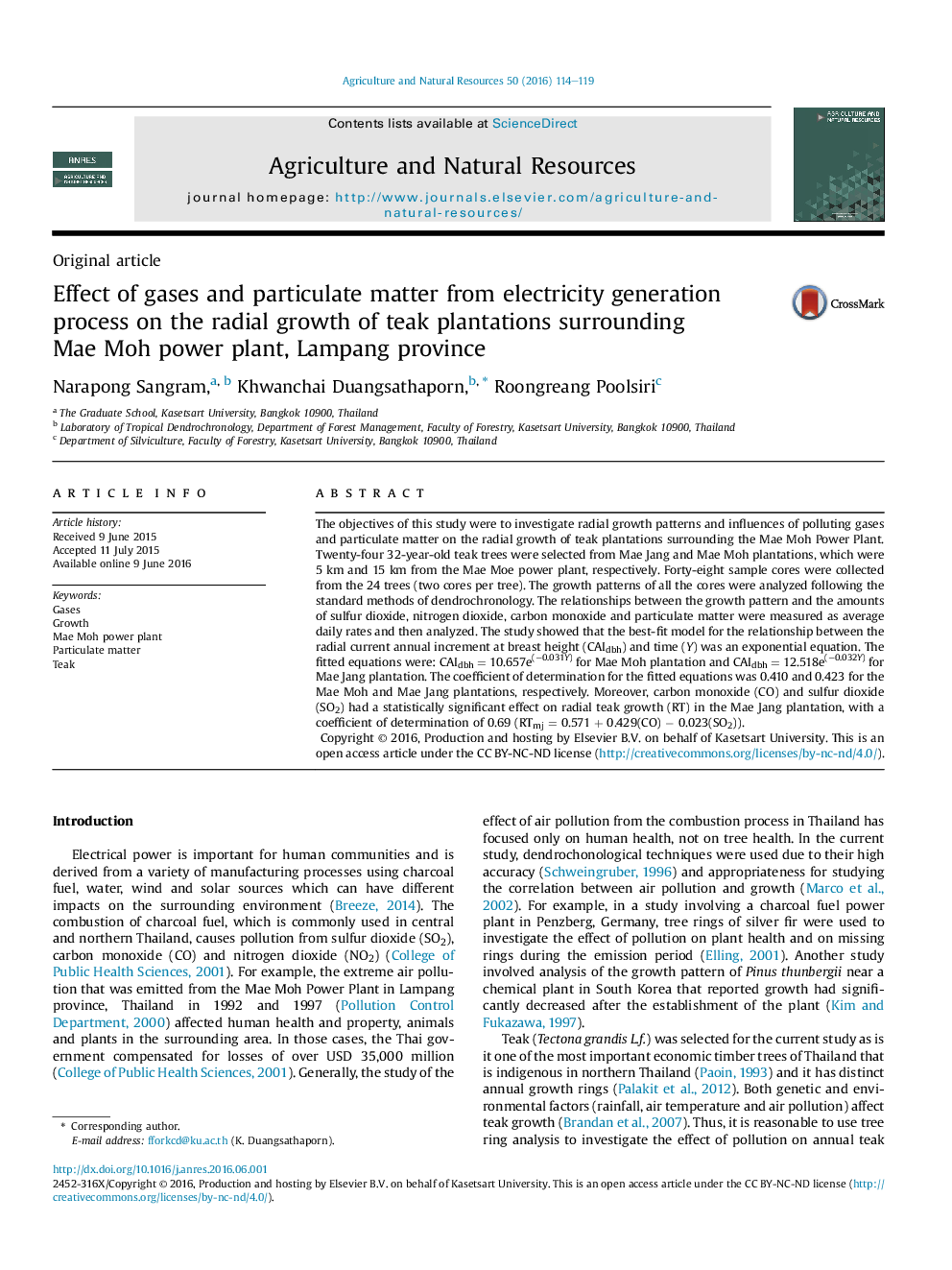 Effect of gases and particulate matter from electricity generation process on the radial growth of teak plantations surrounding Mae Moh power plant, Lampang province