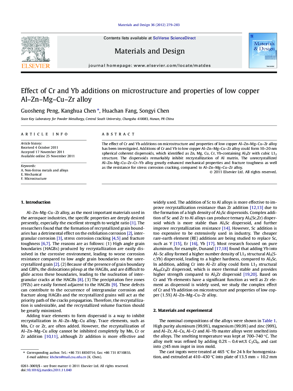 Effect of Cr and Yb additions on microstructure and properties of low copper Al–Zn–Mg–Cu–Zr alloy