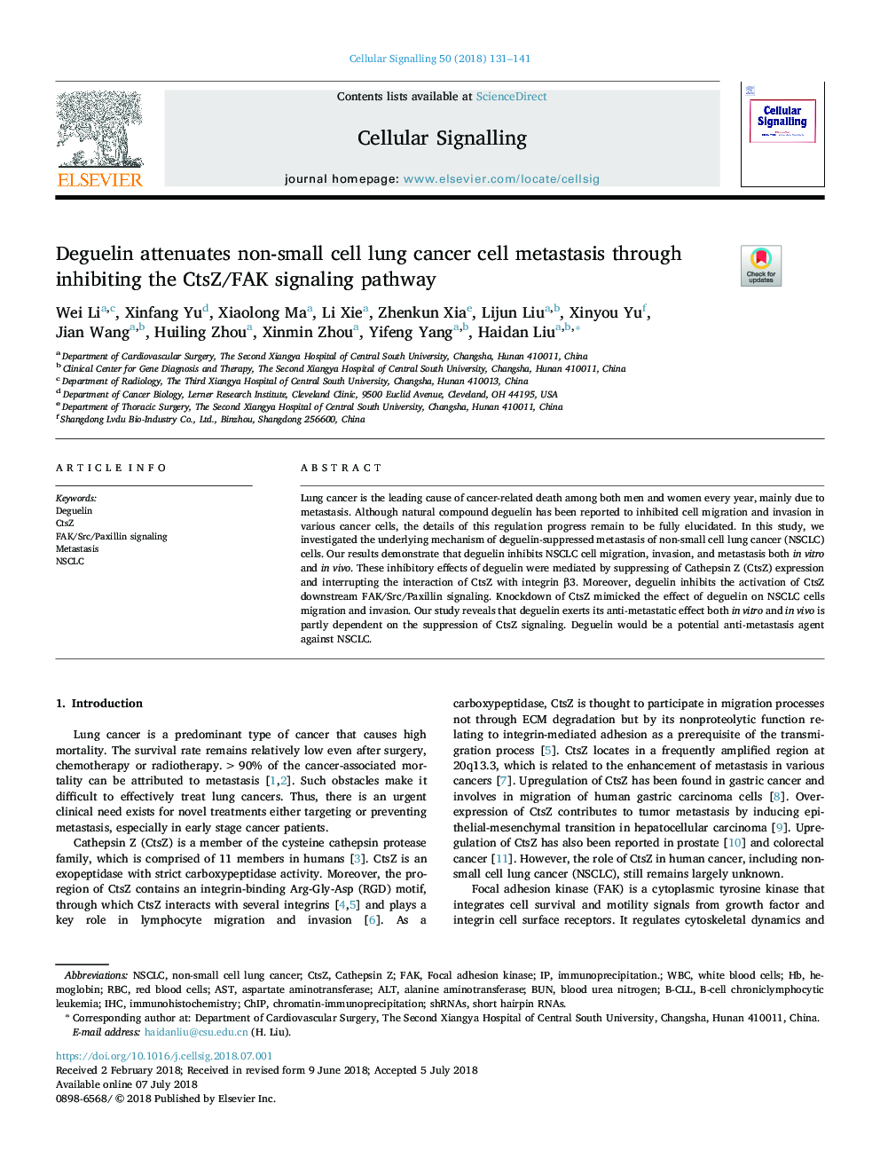 Deguelin attenuates non-small cell lung cancer cell metastasis through inhibiting the CtsZ/FAK signaling pathway