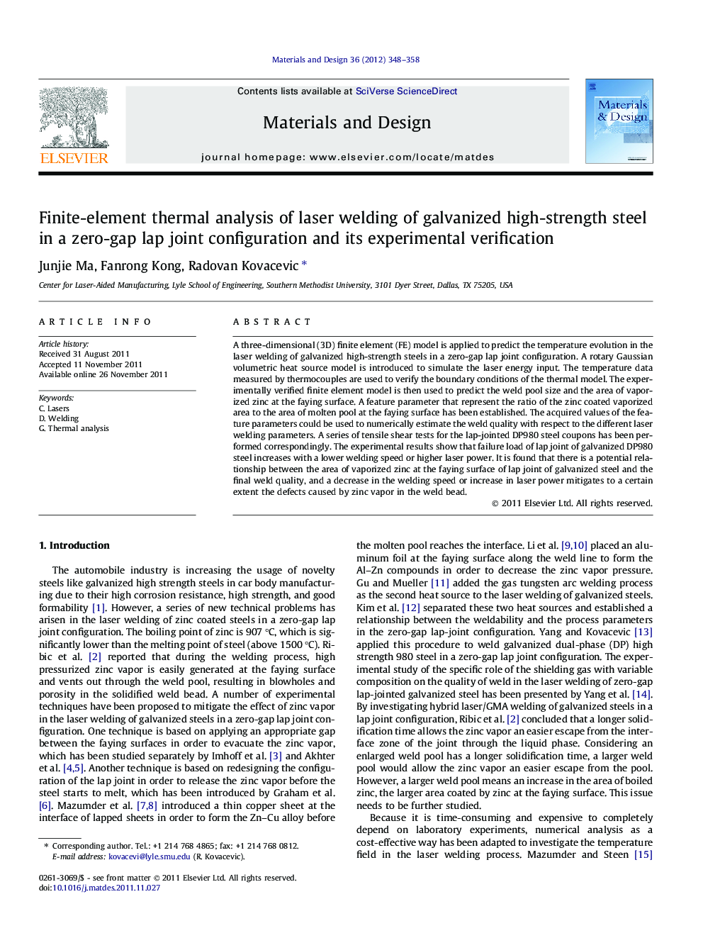 Finite-element thermal analysis of laser welding of galvanized high-strength steel in a zero-gap lap joint configuration and its experimental verification