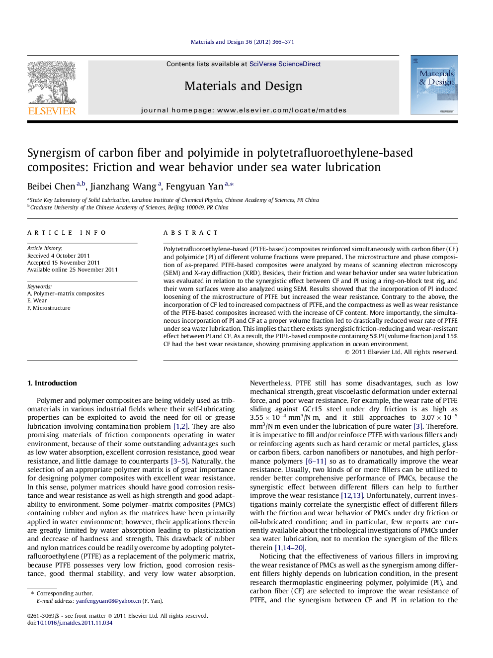 Synergism of carbon fiber and polyimide in polytetrafluoroethylene-based composites: Friction and wear behavior under sea water lubrication