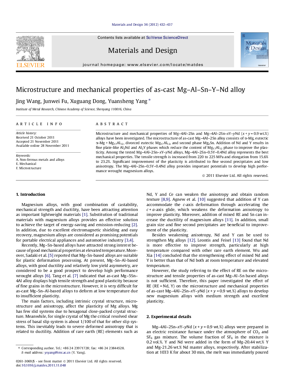 Microstructure and mechanical properties of as-cast Mg–Al–Sn–Y–Nd alloy