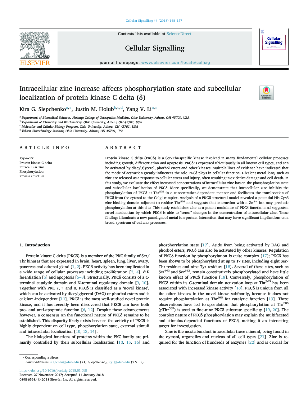 Intracellular zinc increase affects phosphorylation state and subcellular localization of protein kinase C delta (Î´)