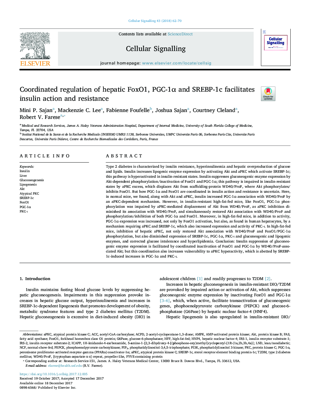 Coordinated regulation of hepatic FoxO1, PGC-1Î± and SREBP-1c facilitates insulin action and resistance