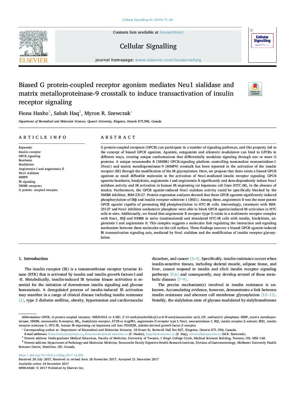 Biased G protein-coupled receptor agonism mediates Neu1 sialidase and matrix metalloproteinase-9 crosstalk to induce transactivation of insulin receptor signaling