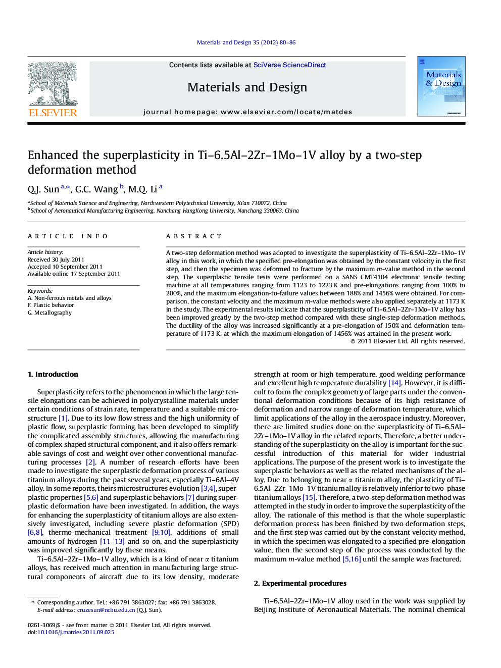 Enhanced the superplasticity in Ti–6.5Al–2Zr–1Mo–1V alloy by a two-step deformation method