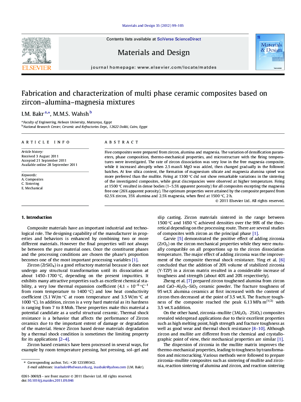 Fabrication and characterization of multi phase ceramic composites based on zircon–alumina–magnesia mixtures