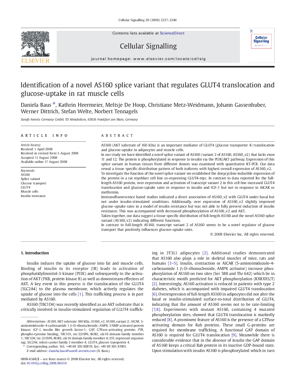 Identification of a novel AS160 splice variant that regulates GLUT4 translocation and glucose-uptake in rat muscle cells