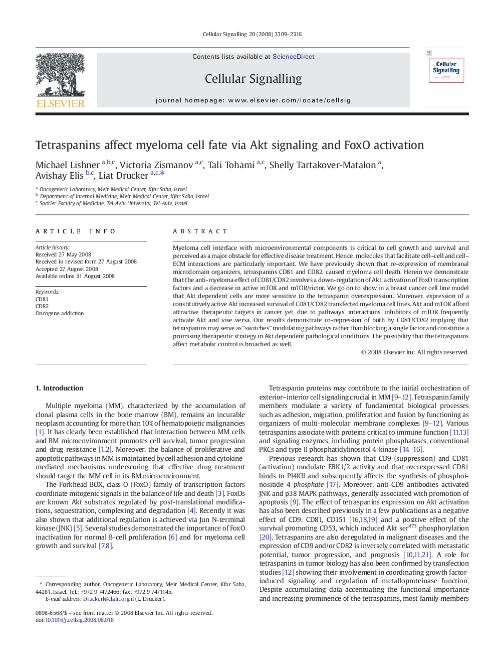 Tetraspanins affect myeloma cell fate via Akt signaling and FoxO activation