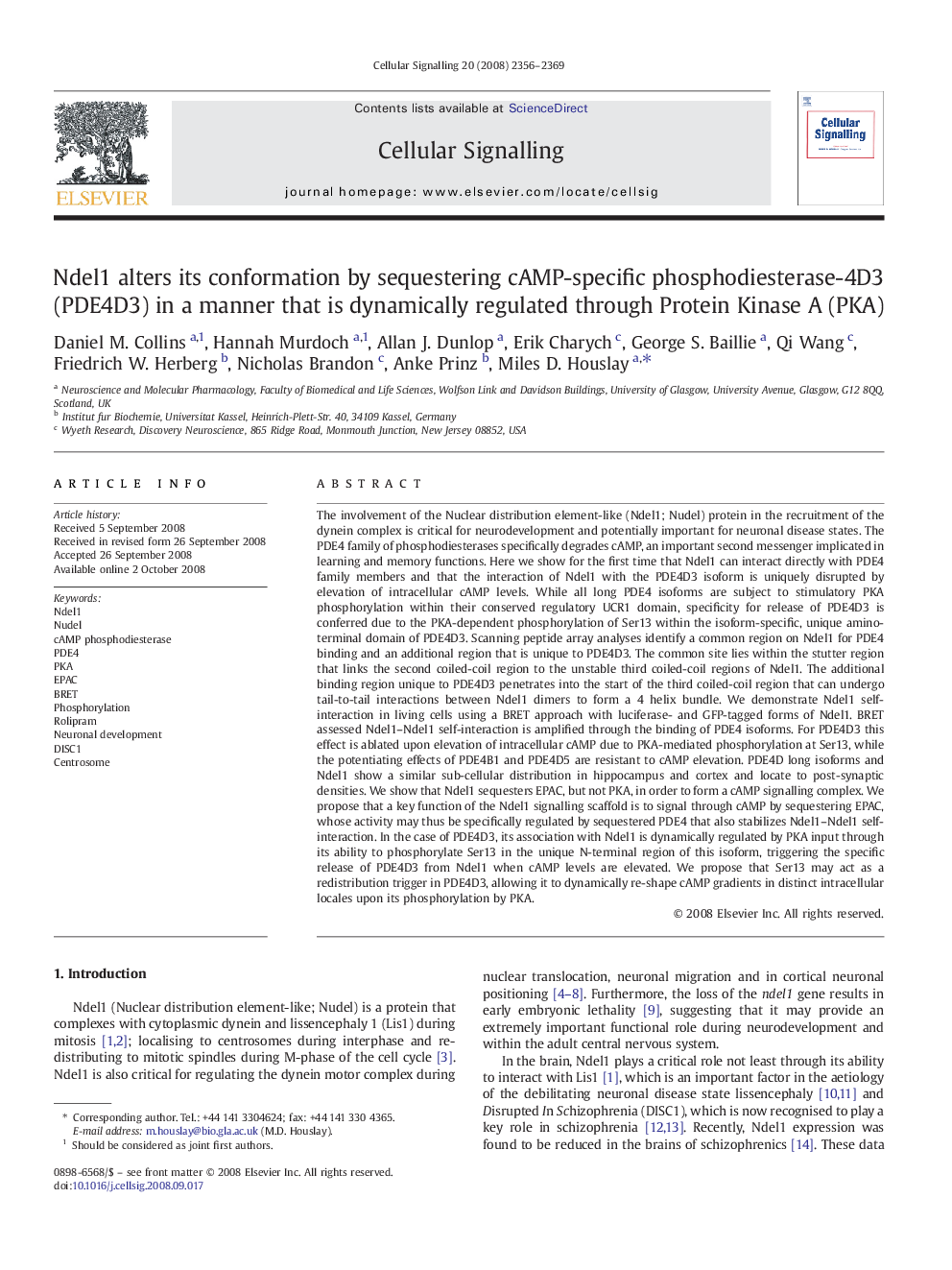 Ndel1 alters its conformation by sequestering cAMP-specific phosphodiesterase-4D3 (PDE4D3) in a manner that is dynamically regulated through Protein Kinase A (PKA)