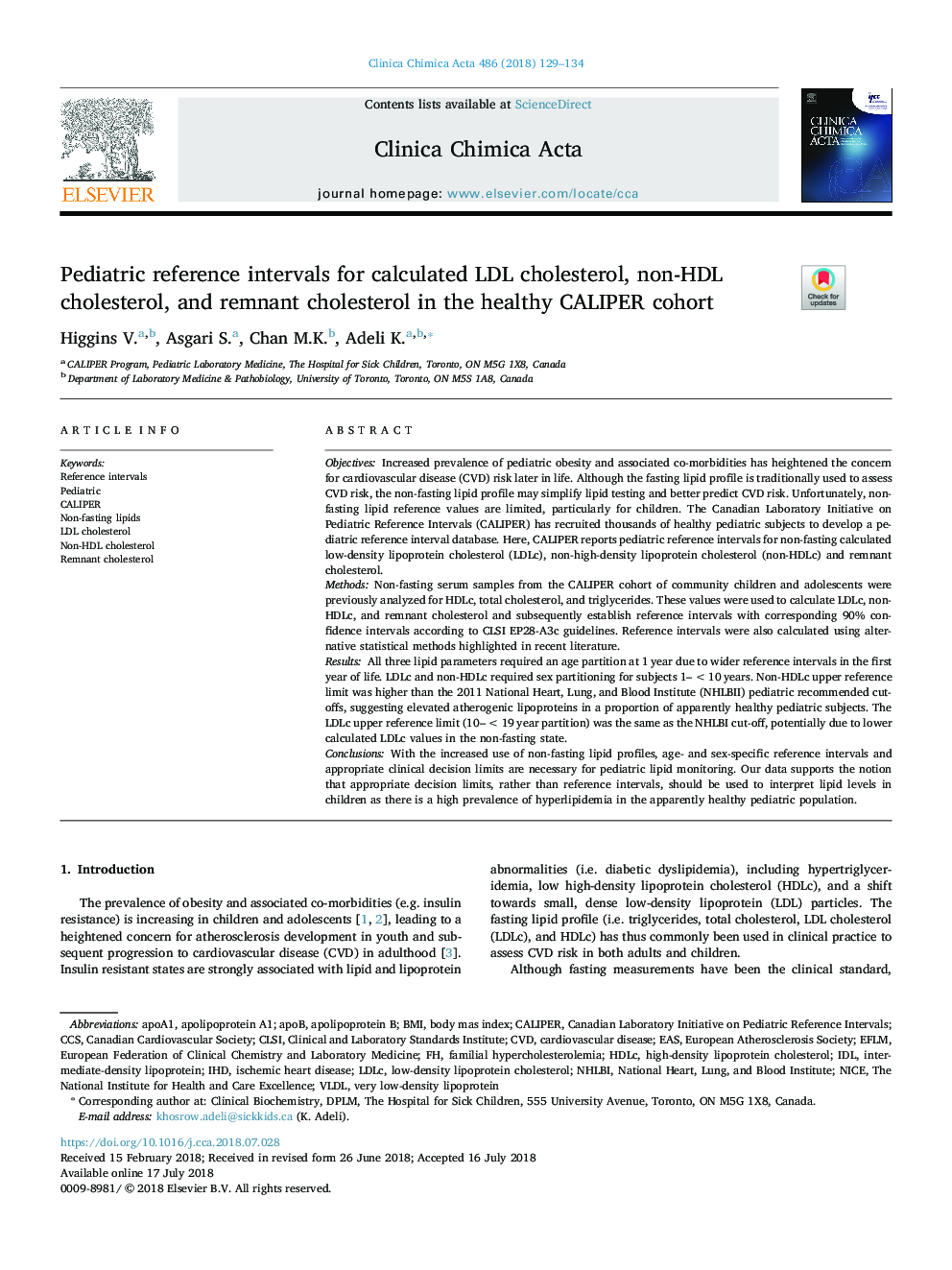 Pediatric reference intervals for calculated LDL cholesterol, non-HDL cholesterol, and remnant cholesterol in the healthy CALIPER cohort