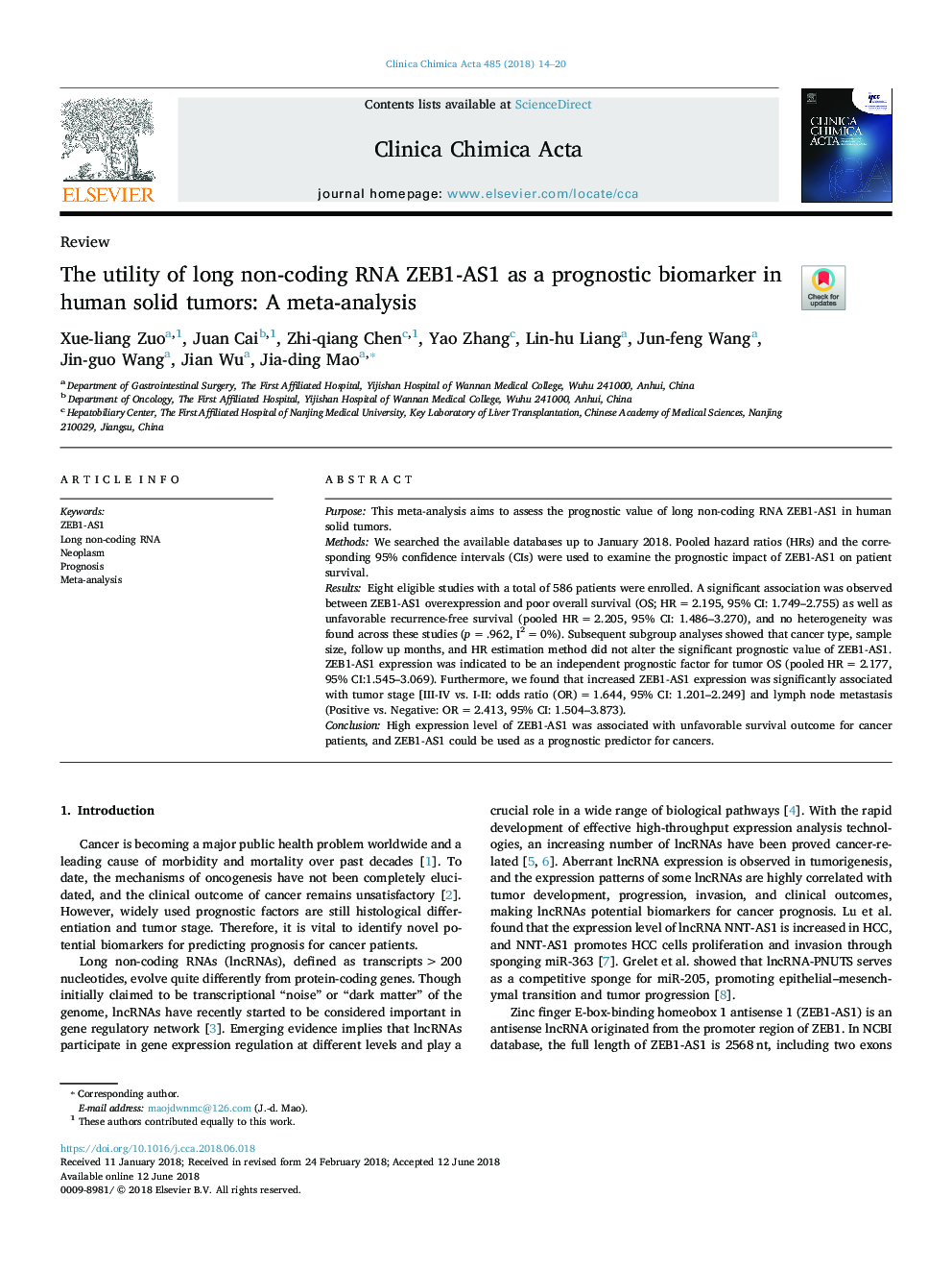 The utility of long non-coding RNA ZEB1-AS1 as a prognostic biomarker in human solid tumors: A meta-analysis