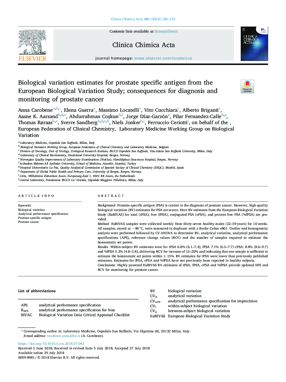 Biological variation estimates for prostate specific antigen from the European Biological Variation Study; consequences for diagnosis and monitoring of prostate cancer