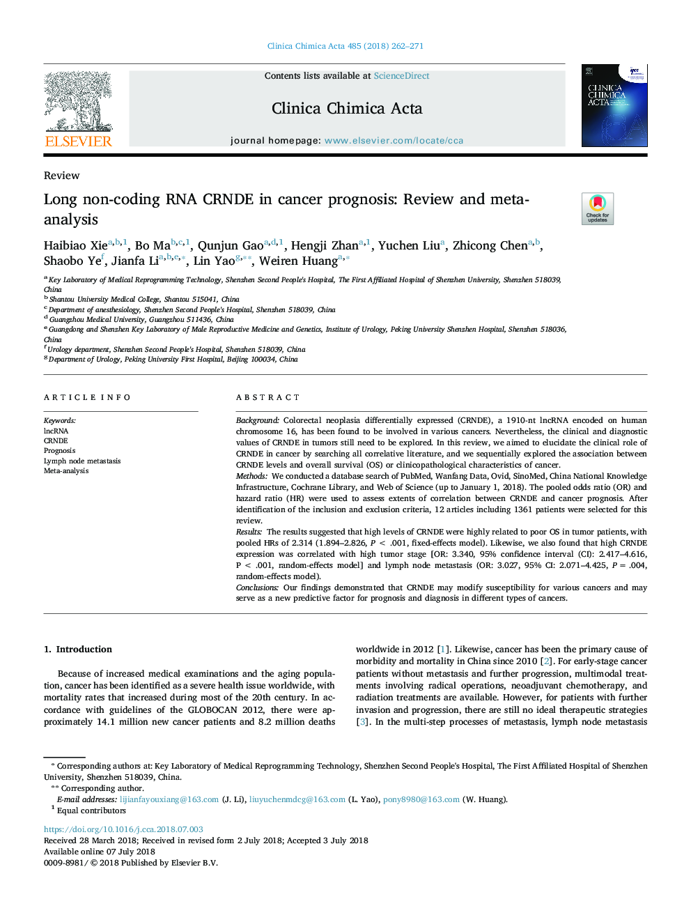 Long non-coding RNA CRNDE in cancer prognosis: Review and meta-analysis