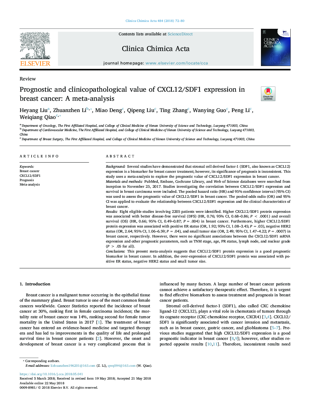 Prognostic and clinicopathological value of CXCL12/SDF1 expression in breast cancer: A meta-analysis