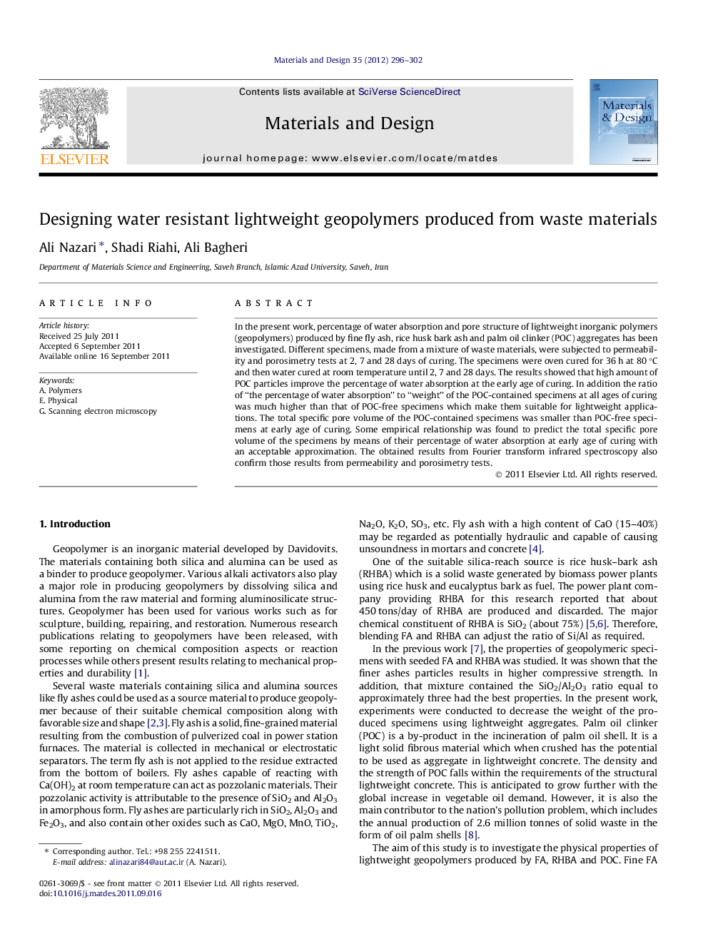 Designing water resistant lightweight geopolymers produced from waste materials