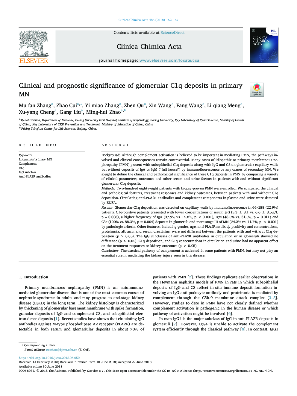 Clinical and prognostic significance of glomerular C1q deposits in primary MN