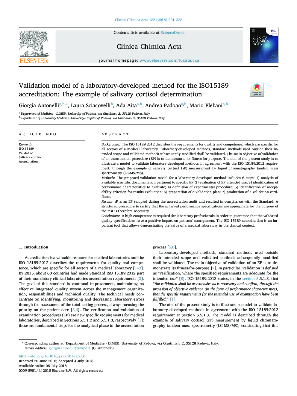 Validation model of a laboratory-developed method for the ISO15189 accreditation: The example of salivary cortisol determination