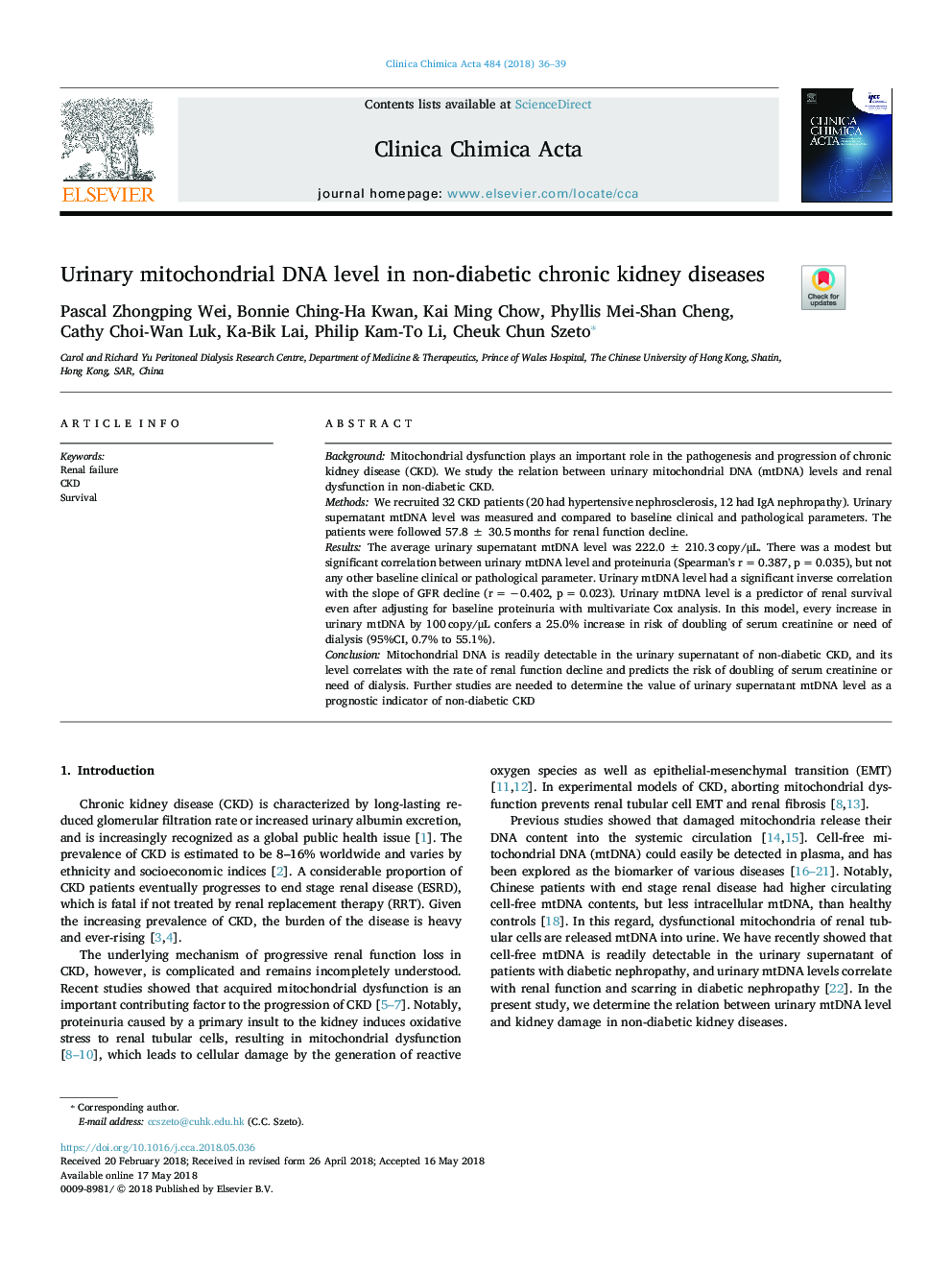 Urinary mitochondrial DNA level in non-diabetic chronic kidney diseases