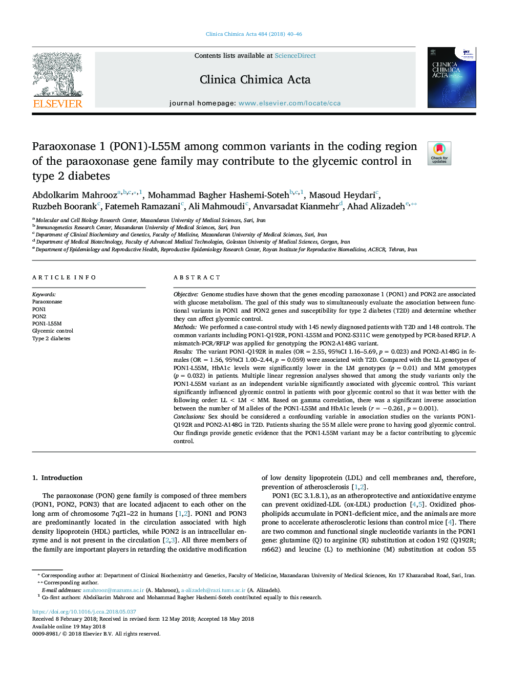 Paraoxonase 1 (PON1)-L55M among common variants in the coding region of the paraoxonase gene family may contribute to the glycemic control in type 2 diabetes